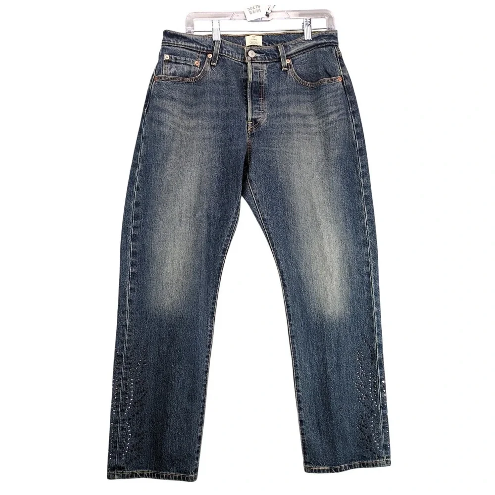 Levi's 501 Curve Jeans Mens 32x29 Straight Blue Stretch Flame‎ Rhinestone Studs
